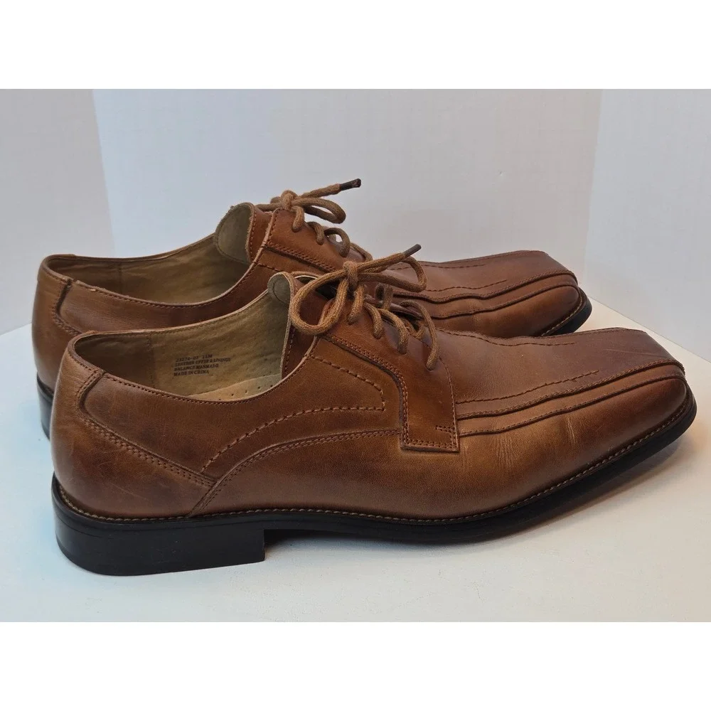 Stacy Adams‎ Mens 11 M Cognac Brown Leather Square Toe Bicycle Stitch Oxford